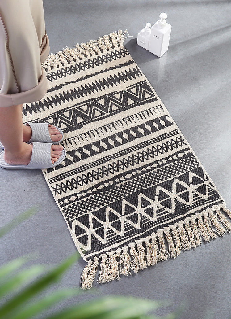 White Tone Bohemian Area Rug Cotton Leaves Print Rug Fringe Indoor Rug for Home Decoration