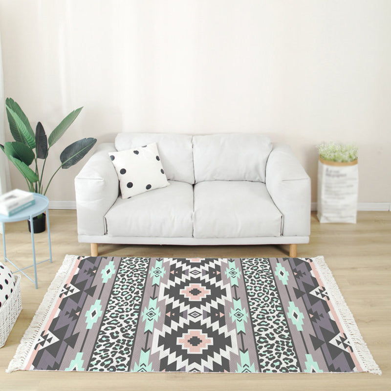 Color Mixed Bohemian Area Carpet Cotton Southwestern Pattern Indoor Rug Fringe Backing Carpet for Living Room