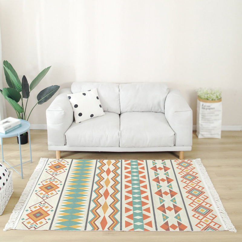 Color Mixed Bohemian Area Carpet Cotton Southwestern Pattern Indoor Rug Fringe Backing Carpet for Living Room