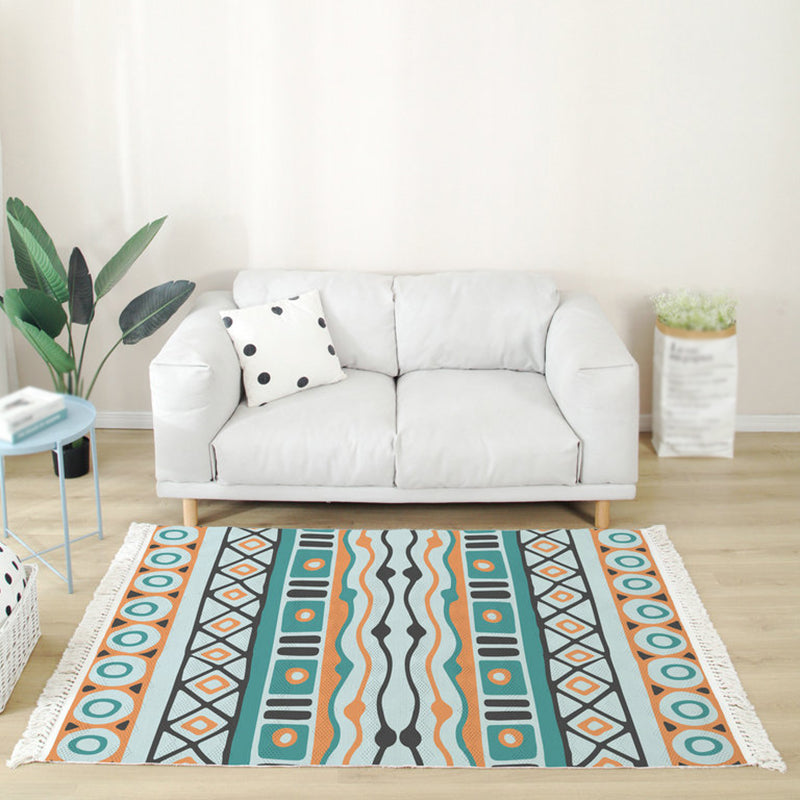 Color Mixed Bohemian Area Carpet Cotton Southwestern Pattern Indoor Rug Fringe Backing Carpet for Living Room