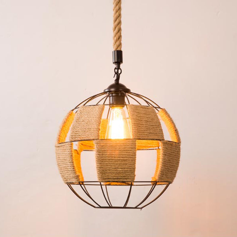 1-Bulb Pendant Lamp Countryside Cage Rope Suspension Light Fixture in Beige