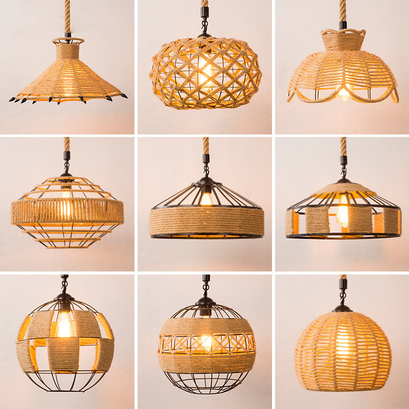 1-Bulb Pendant Lamp Countryside Cage Rope Suspension Light Fixture in Beige