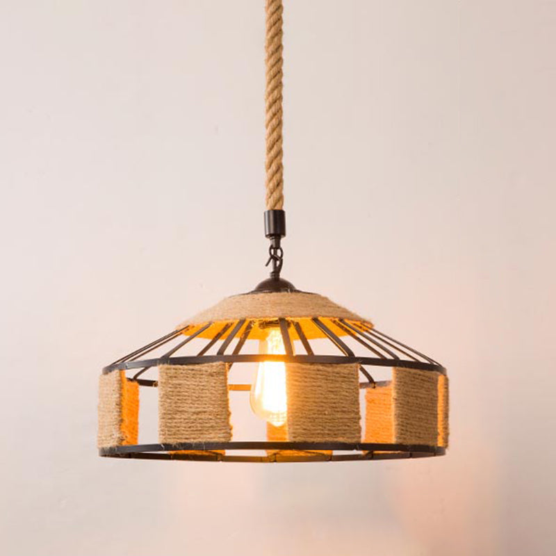 1-Bulb Pendant Lamp Countryside Cage Rope Suspension Light Fixture in Beige