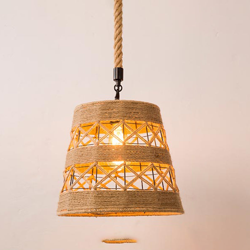 1-Bulb Pendant Lamp Countryside Cage Rope Suspension Light Fixture in Beige