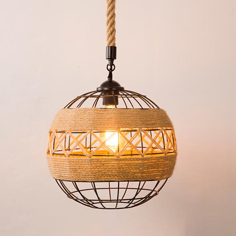 1-Bulb Pendant Lamp Countryside Cage Rope Suspension Light Fixture in Beige