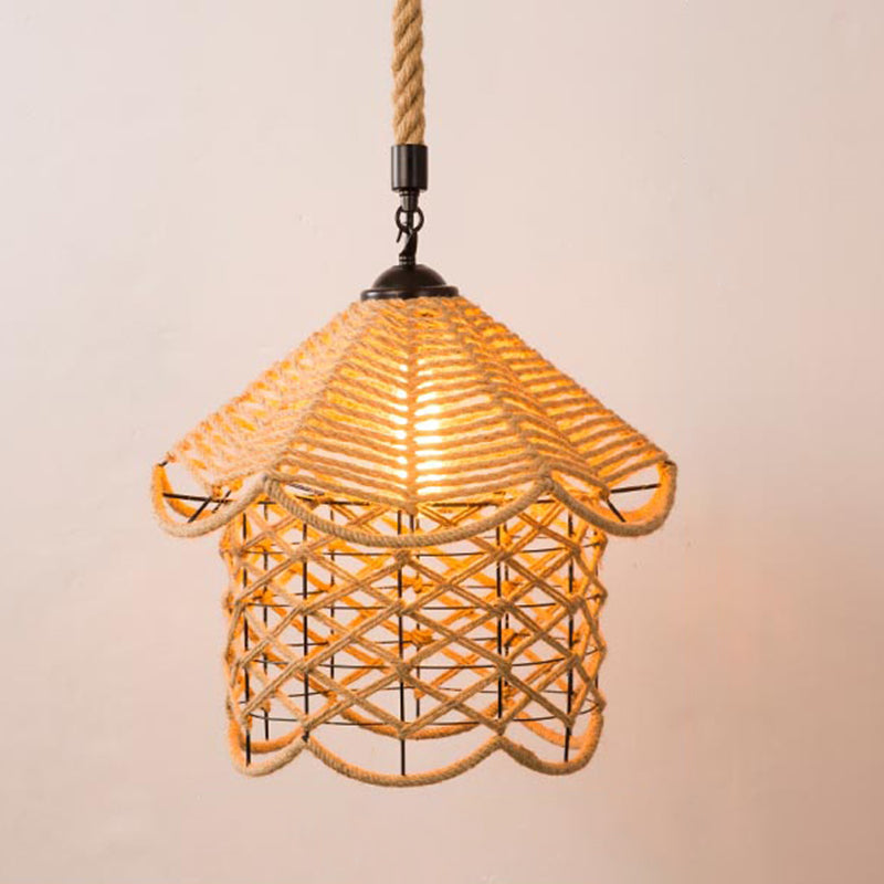 1-Bulb Pendant Lamp Countryside Cage Rope Suspension Light Fixture in Beige