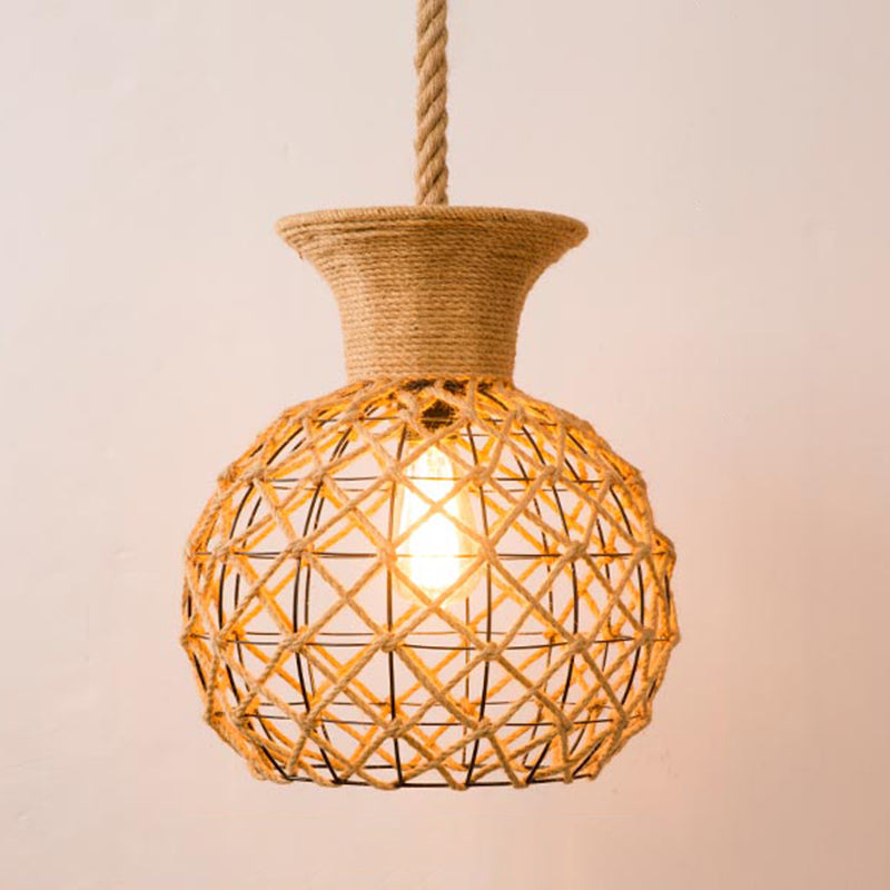 1-Bulb Pendant Lamp Countryside Cage Rope Suspension Light Fixture in Beige