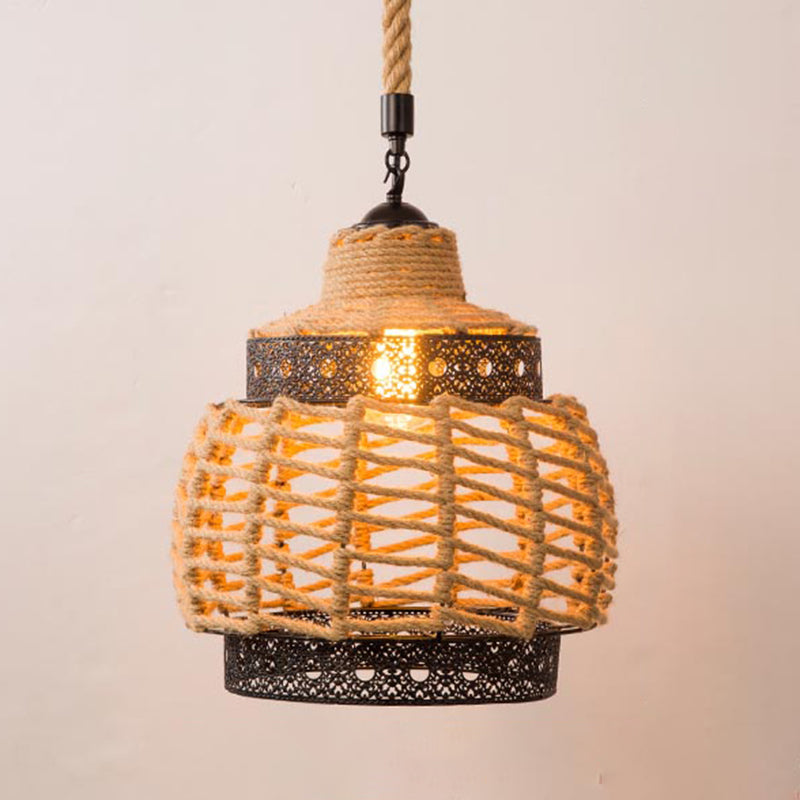 1-Bulb Pendant Lamp Countryside Cage Rope Suspension Light Fixture in Beige