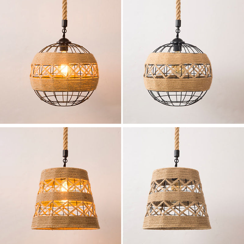 1-Bulb Pendant Lamp Countryside Cage Rope Suspension Light Fixture in Beige