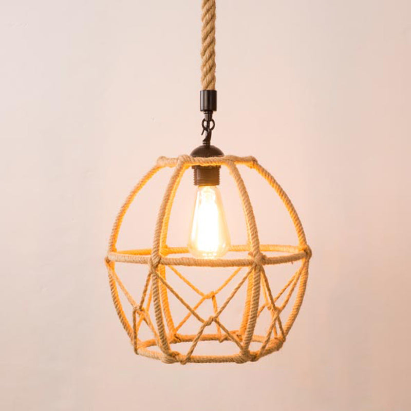 1-Bulb Pendant Lamp Countryside Cage Rope Suspension Light Fixture in Beige