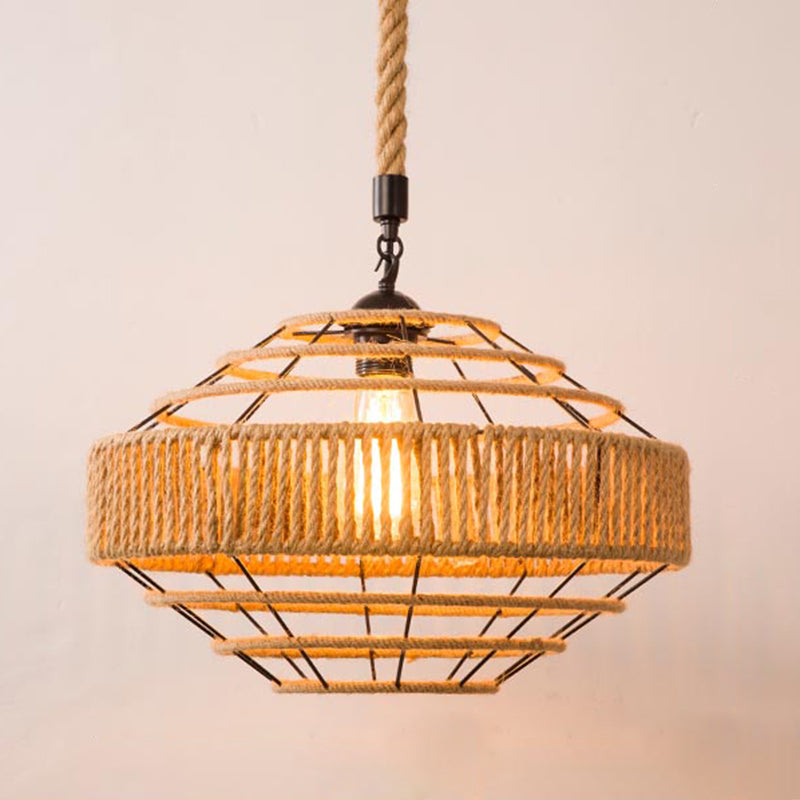 1-Bulb Pendant Lamp Countryside Cage Rope Suspension Light Fixture in Beige