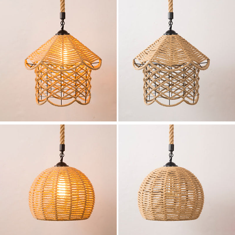 1-Bulb Pendant Lamp Countryside Cage Rope Suspension Light Fixture in Beige