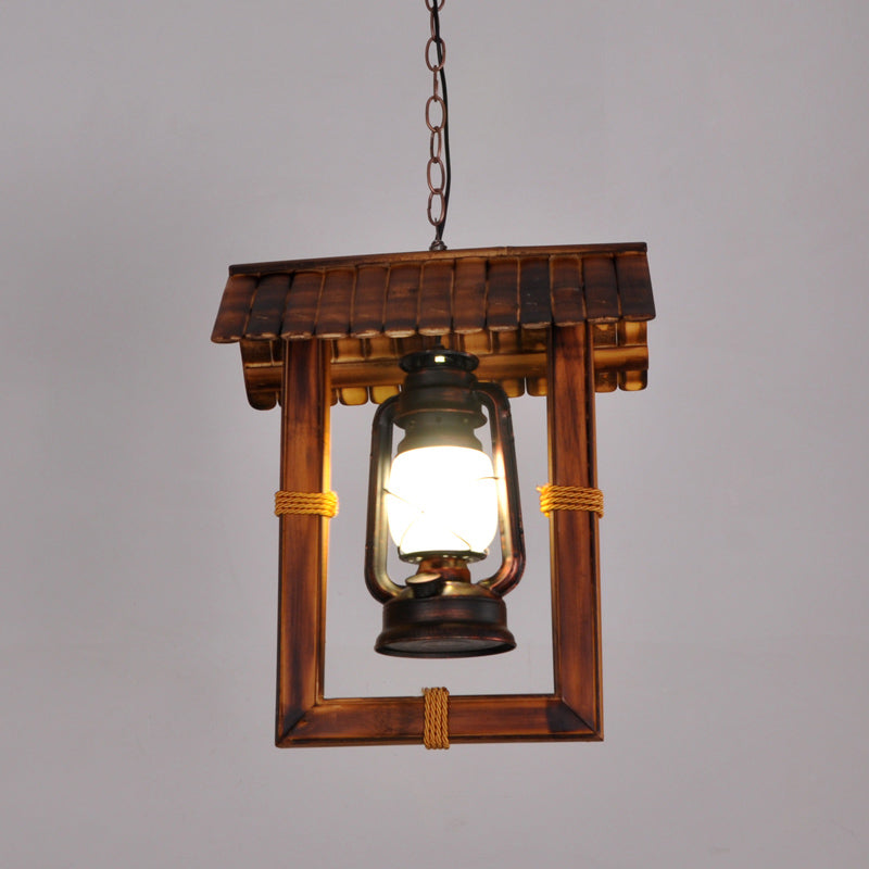 1-Light Industrial Nautical Style Hanging Light Dark Wood Grain Vintage Kerosene Lamp Shaped Lighting Pendant