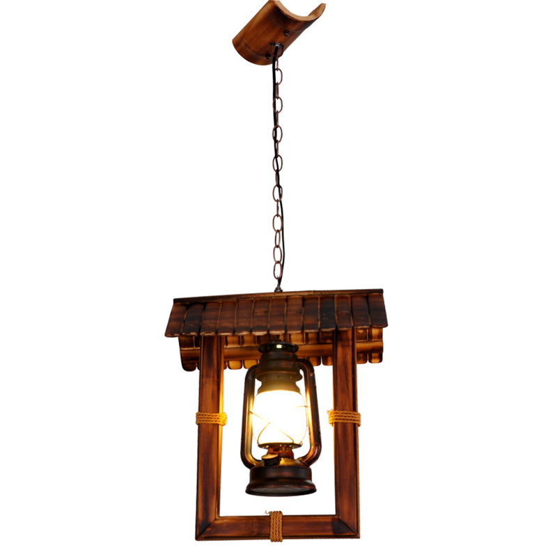 1-Light Industrial Nautical Style Hanging Light Dark Wood Grain Vintage Kerosene Lamp Shaped Lighting Pendant