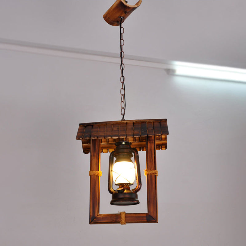 1-Light Industrial Nautical Style Hanging Light Dark Wood Grain Vintage Kerosene Lamp Shaped Lighting Pendant