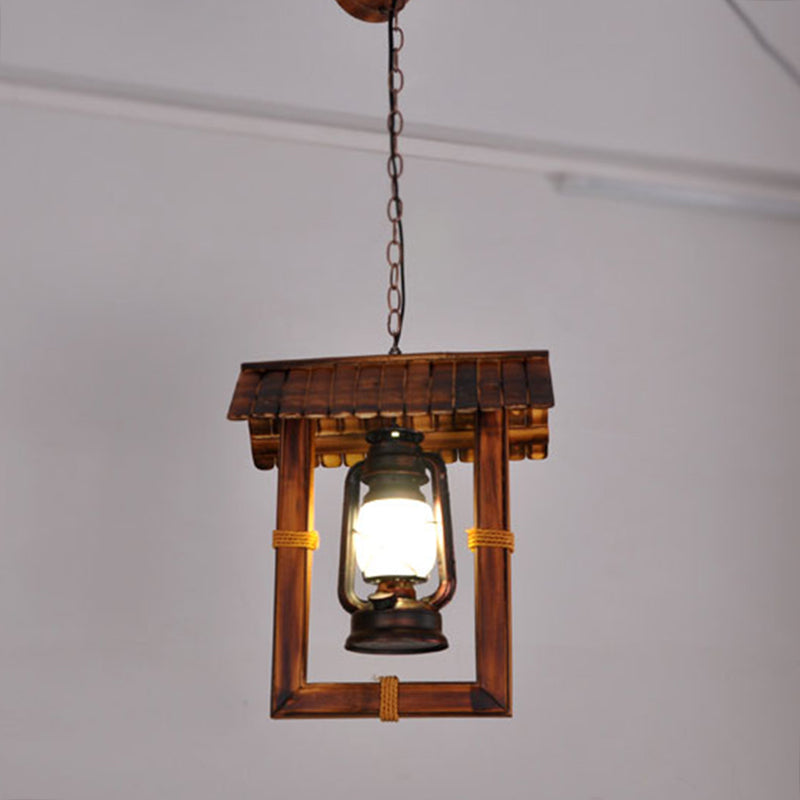 1-Light Industrial Nautical Style Hanging Light Dark Wood Grain Vintage Kerosene Lamp Shaped Lighting Pendant