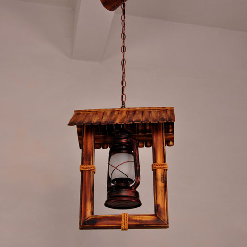 1-Light Industrial Nautical Style Hanging Light Dark Wood Grain Vintage Kerosene Lamp Shaped Lighting Pendant