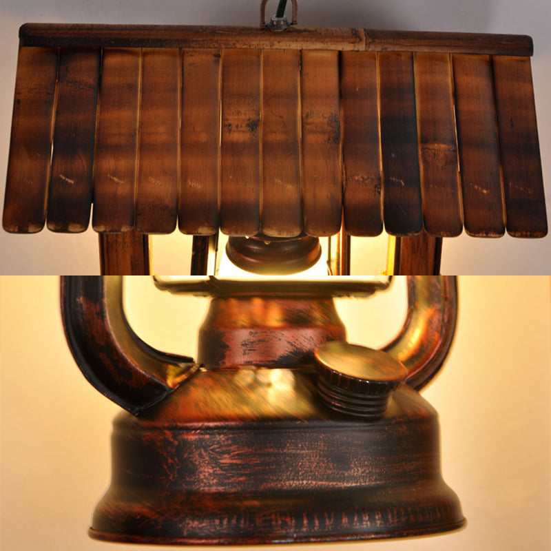 1-Light Industrial Nautical Style Hanging Light Dark Wood Grain Vintage Kerosene Lamp Shaped Lighting Pendant