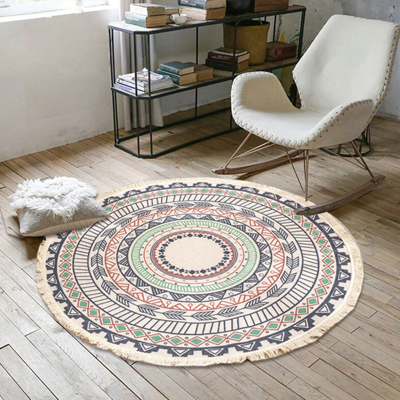 Classical Moroccan Round Rug Comfort Traditional Floral Printed Carpet Cotton Blend Friendly Washable Carpet for Living Room