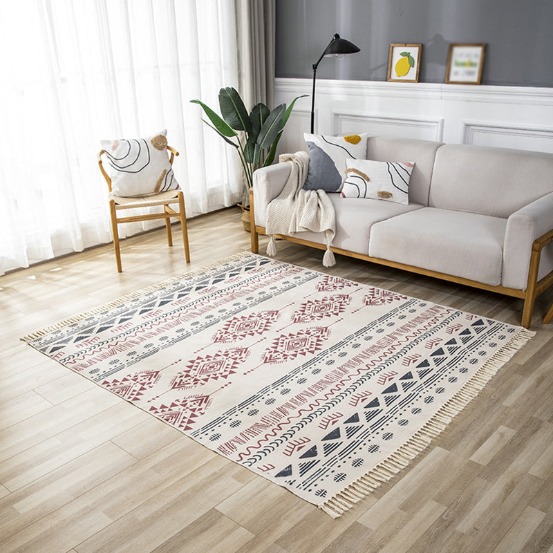 Classical Tribal Pattern Rug Decorative Native American Carpet with Fringe Cotton Blend Stain Resistant Carpet for Living Room