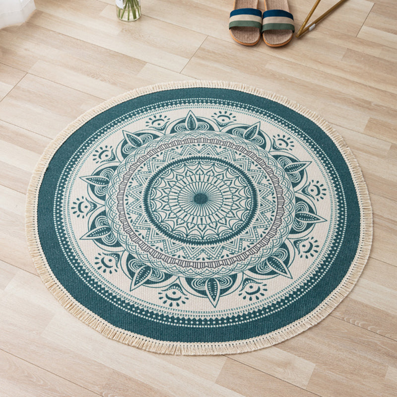 Distinctive Moroccan Round Rug Victoria Floral Printed Area Rug with Fringe Cotton Blend Washable Carpet for Home Decor