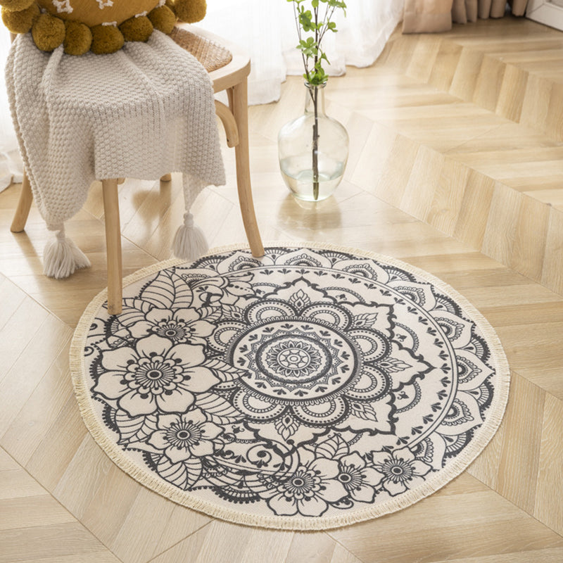 Distinctive Moroccan Round Rug Victoria Floral Printed Area Rug with Fringe Cotton Blend Washable Carpet for Home Decor