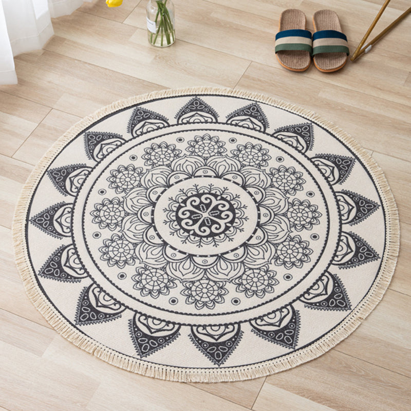 Distinctive Moroccan Round Rug Victoria Floral Printed Area Rug with Fringe Cotton Blend Washable Carpet for Home Decor