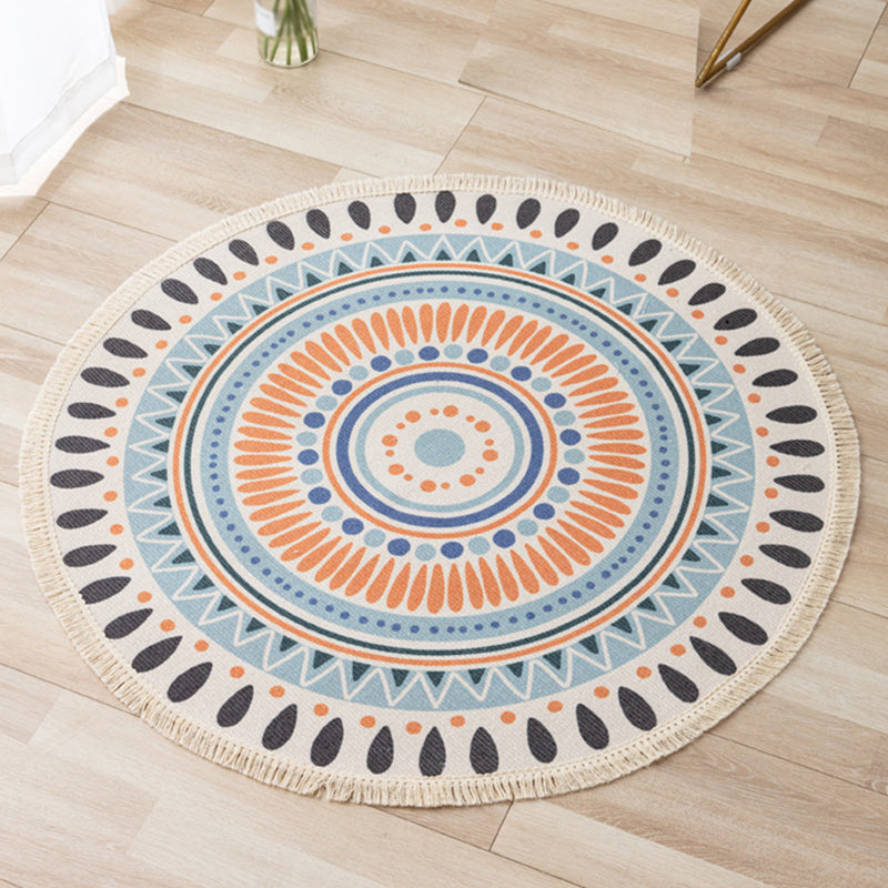 Distinctive Moroccan Round Rug Victoria Floral Printed Area Rug with Fringe Cotton Blend Washable Carpet for Home Decor