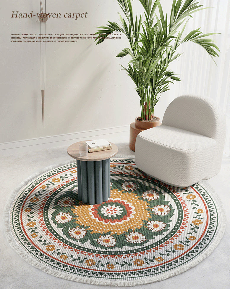 Distinctive Moroccan Round Rug Victoria Floral Printed Area Rug with Fringe Cotton Blend Washable Carpet for Home Decor