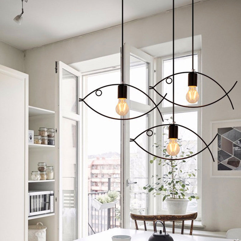 Fish Metal Pendant Lighting Fixture Loft-Style Dinning Room Hanging Ceiling Light in Black