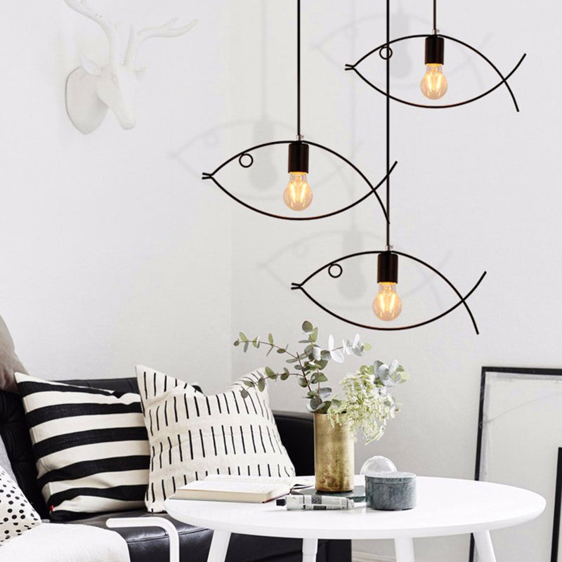 Fish Metal Pendant Lighting Fixture Loft-Style Dinning Room Hanging Ceiling Light in Black