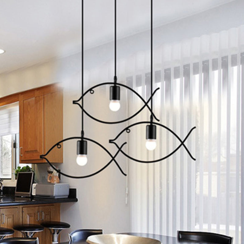 Metal Ceiling Lighting Fixture Loft Style Black Fish-Shaped Dinning Room Suspension Pendant