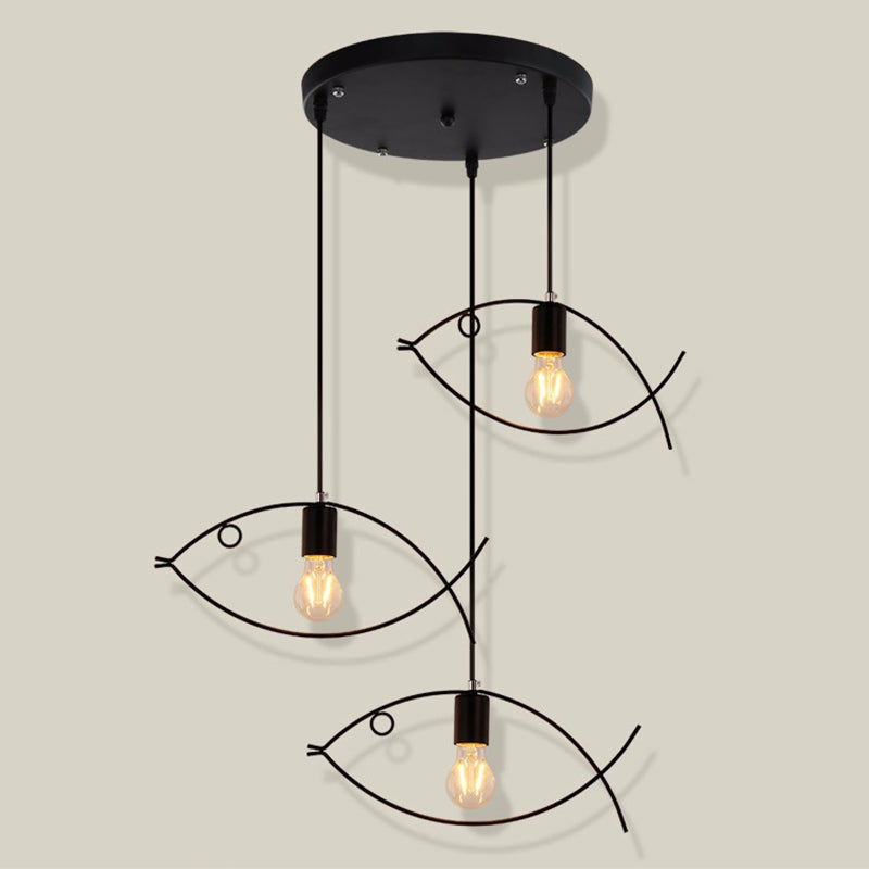 Metal Ceiling Lighting Fixture Loft Style Black Fish-Shaped Dinning Room Suspension Pendant