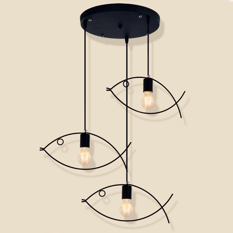 Accesorio de iluminación de techo de metal estilo loft estilo de pescado negro en forma de pescado colgante de suspensión