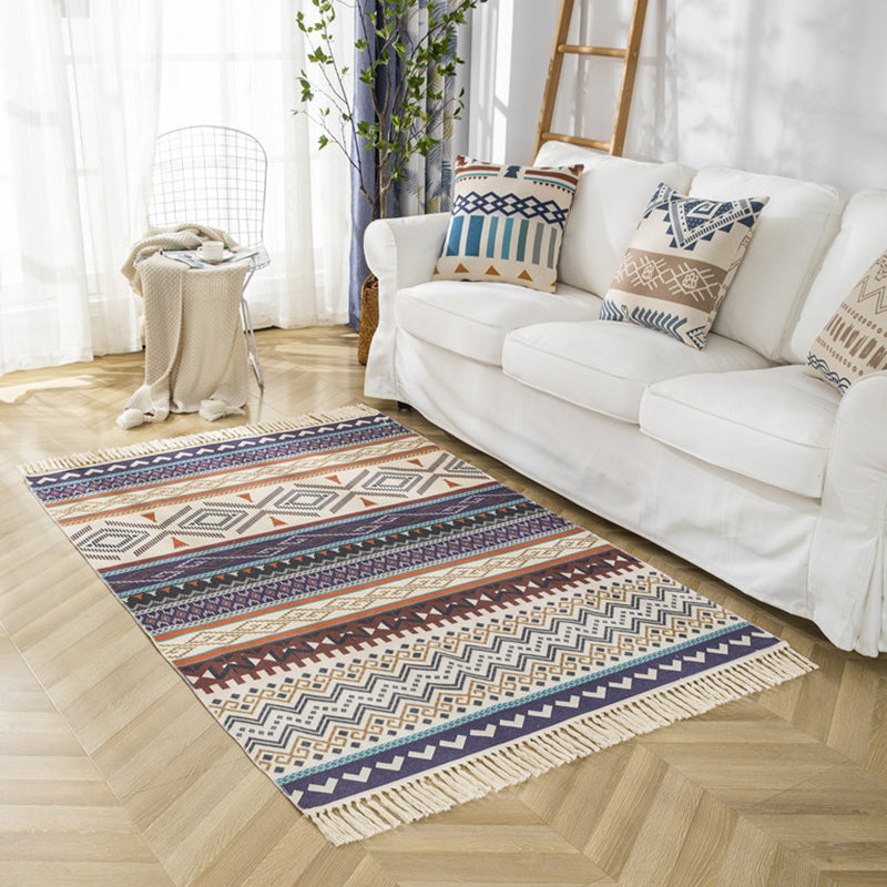 Colorful Americana Print Rug with Fringe Antique Cotton Blend Indoor Carpet Friendly Washable Carpet for Home Decoration