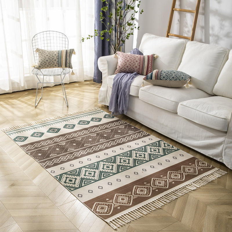 Colorful Americana Print Rug with Fringe Antique Cotton Blend Indoor Carpet Friendly Washable Carpet for Home Decoration