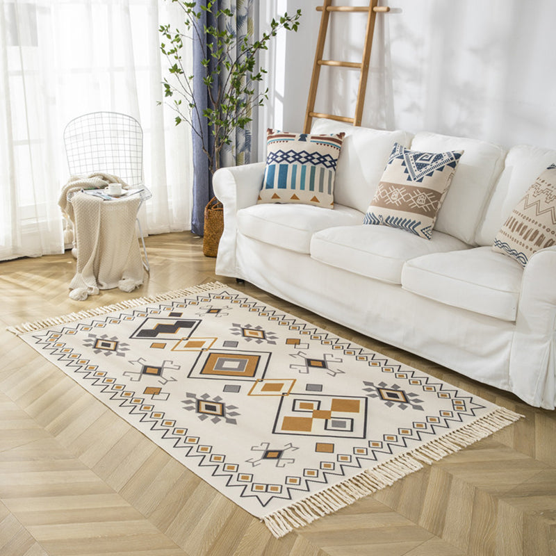 Colorful Americana Print Rug with Fringe Antique Cotton Blend Indoor Carpet Friendly Washable Carpet for Home Decoration