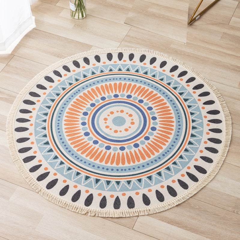 Gorgeous Floral Print Rug Moroccan Round Cotton Blend Area Rug Friendly Washable Carpet with Fringe for Living Room