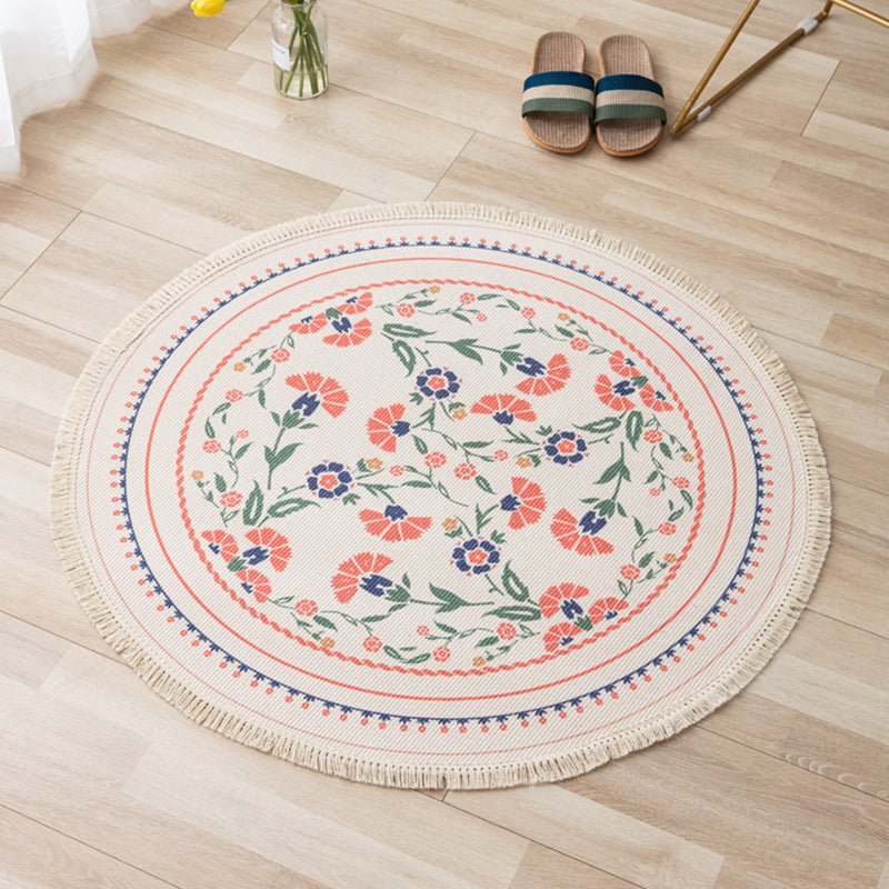 Gorgeous Floral Print Rug Moroccan Round Cotton Blend Area Rug Friendly Washable Carpet with Fringe for Living Room