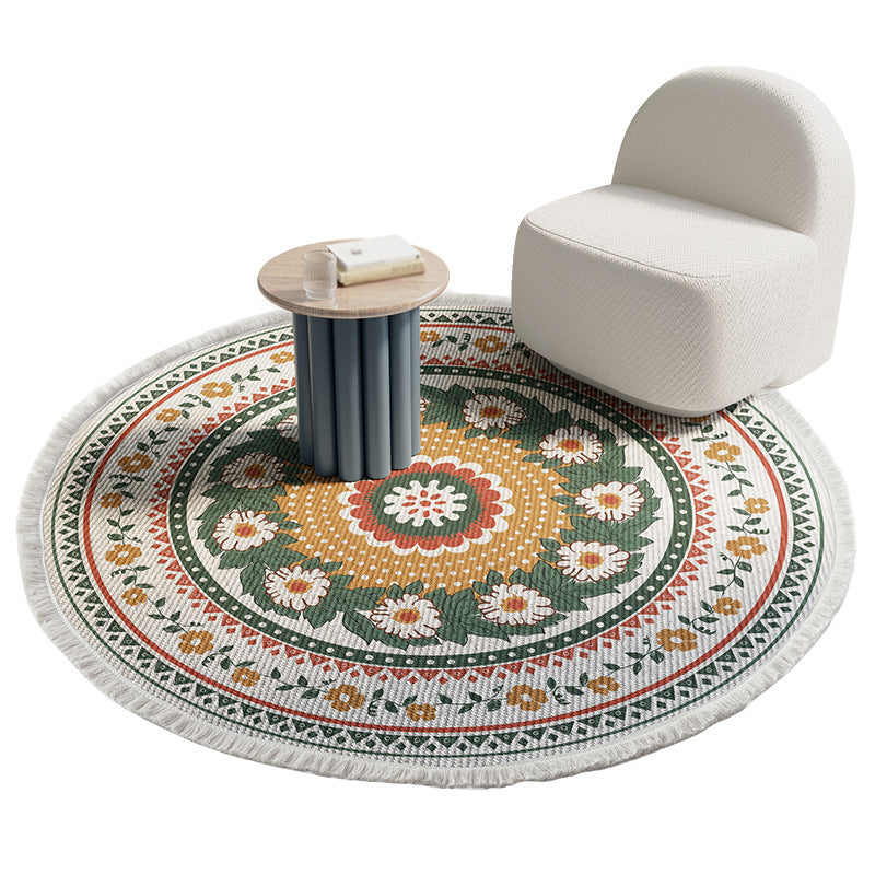 Gorgeous Floral Print Rug Moroccan Round Cotton Blend Area Rug Friendly Washable Carpet with Fringe for Living Room