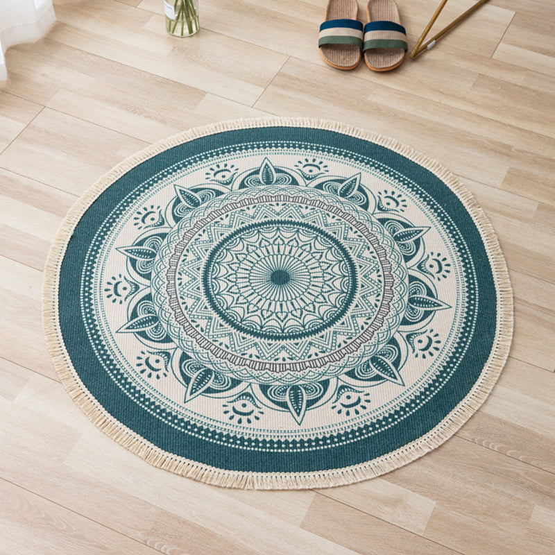 Gorgeous Floral Print Rug Moroccan Round Cotton Blend Area Rug Friendly Washable Carpet with Fringe for Living Room