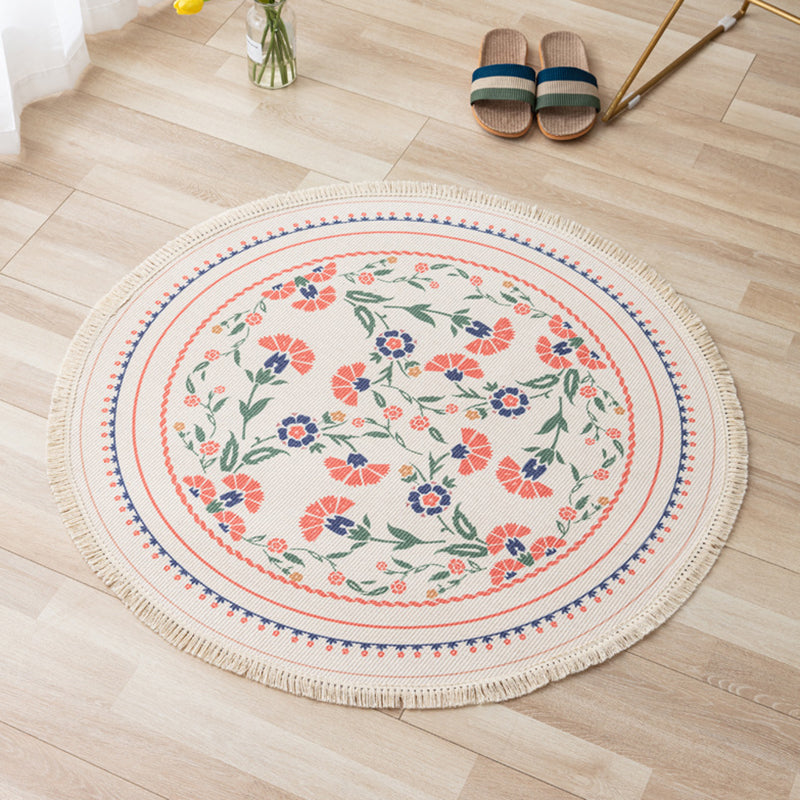 Gorgeous Floral Print Rug Moroccan Round Cotton Blend Area Rug Friendly Washable Carpet with Fringe for Living Room