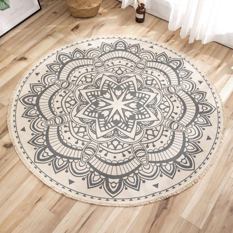 Traditional Moroccan Round Rug Shabby Chic Floral Printed Rug Cotton Blend Stain Resistant Carpet with Fringe for Bedroom