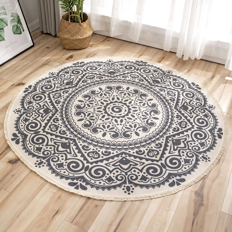 Traditional Moroccan Round Rug Shabby Chic Floral Printed Rug Cotton Blend Stain Resistant Carpet with Fringe for Bedroom