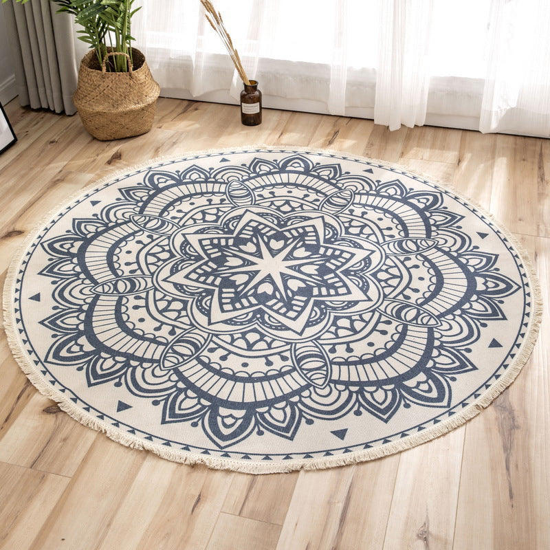 Traditional Moroccan Round Rug Shabby Chic Floral Printed Rug Cotton Blend Stain Resistant Carpet with Fringe for Bedroom