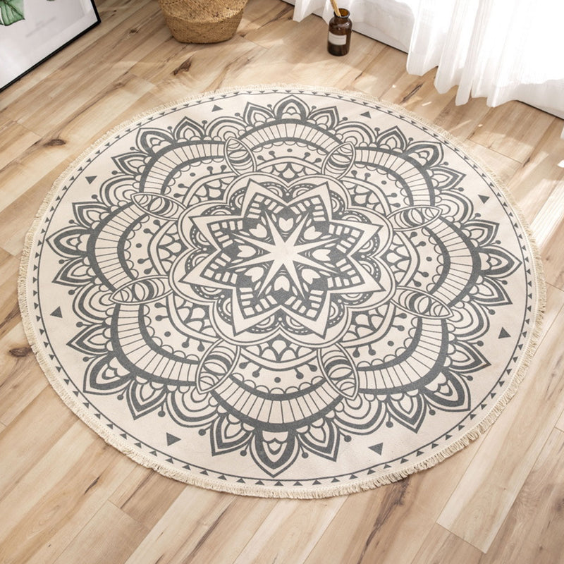 Traditional Moroccan Round Rug Shabby Chic Floral Printed Rug Cotton Blend Stain Resistant Carpet with Fringe for Bedroom