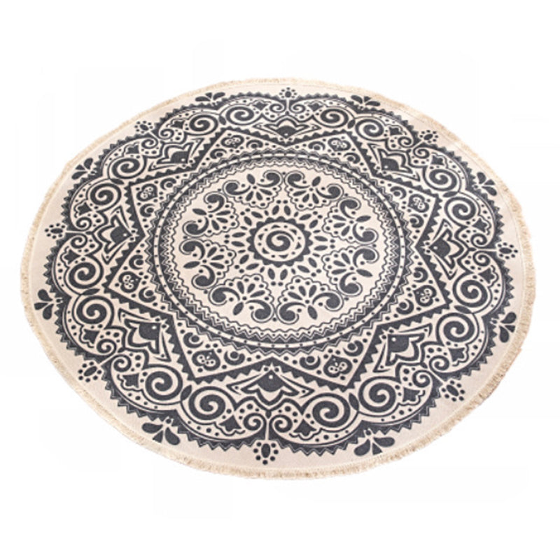 Traditional Moroccan Round Rug Shabby Chic Floral Printed Rug Cotton Blend Stain Resistant Carpet with Fringe for Bedroom