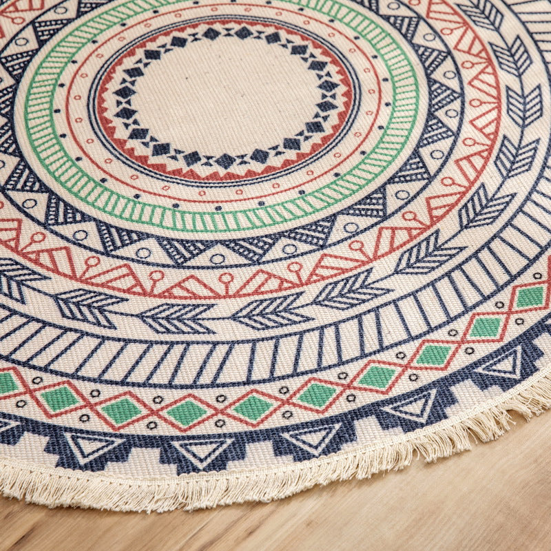 Traditional Moroccan Round Rug Shabby Chic Floral Printed Rug Cotton Blend Stain Resistant Carpet with Fringe for Bedroom