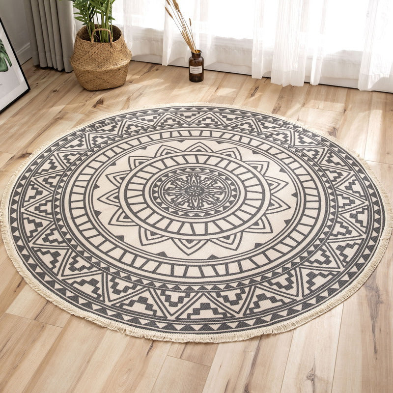 Traditional Moroccan Round Rug Shabby Chic Floral Printed Rug Cotton Blend Stain Resistant Carpet with Fringe for Bedroom