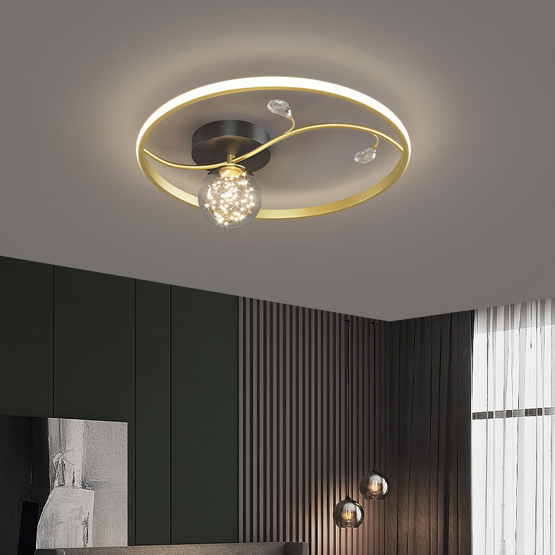 Gold 1-Light LED Flush Mount Lampe Métal Contemporain Circle Cercle Plafond Lumière pour chambre à coucher